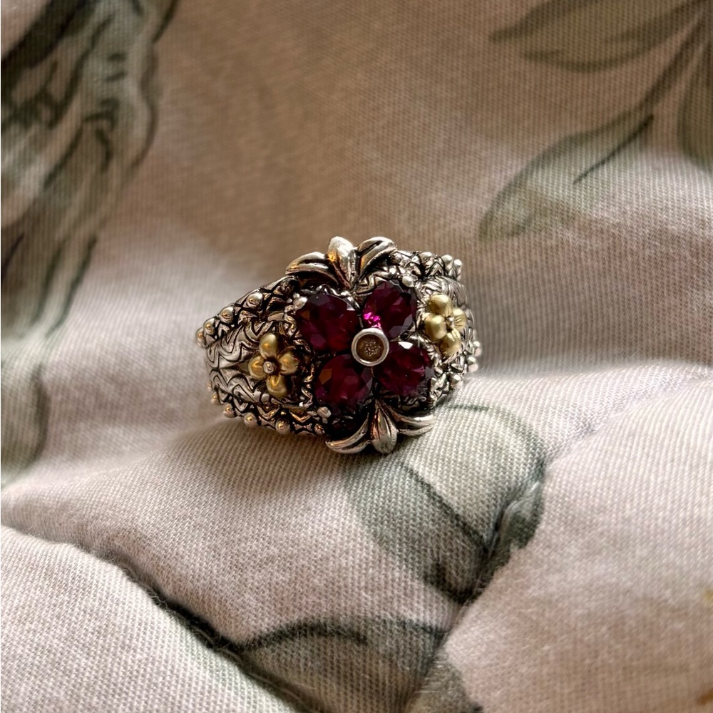Barbara Bixby Sterling Rhodolite Garnet White Topaz 18k Gold Ring